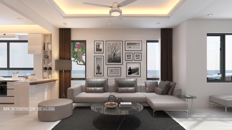 Bộ sofa da xám bóng cao cấp thiết kế theo kiểu dáng góc tối ưu không gian kết hợp chân sắt thanh thoát phù hợp với phòng khách biệt thự, nhà phố hiện đại.