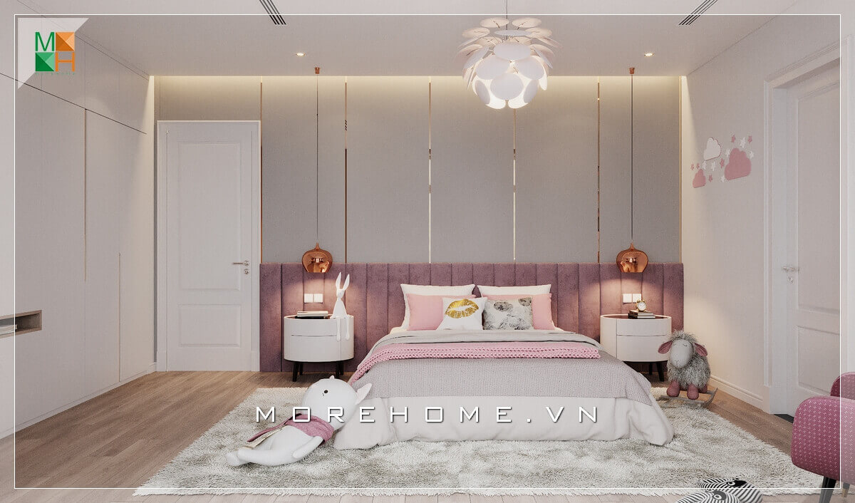 Ấn tượng với mẫu giường ngủ hiện đại đầu giường bọc nệm màu hồng rất nổi bật và nữ tính dành cho các cô con gái hoặc các bạn gái dễ thương.