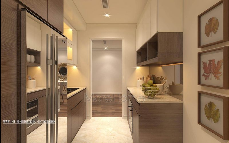 Thiết kế nội thất phòng bếp công năng với mẫu tủ bếp gỗ công nghiệp MDF có màu sắc và vân gỗ tạo sự ấm áp, thân thiện giúp các bà nội trợ thêm yêu không gian bếp của mình.