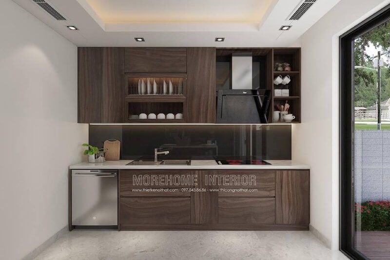 Mẫu tủ bếp gỗ công nghiệp laminate tối màu đẹp, sang trọng cho không gian bếp hiện đại.