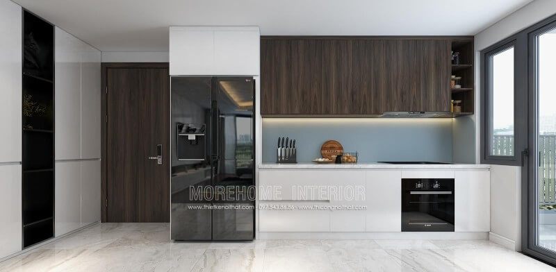 Sự kết hợp hoàn mỹ của 2 tone màu nêu trầm của gỗ Veneer óc chó và màu trắng của gỗ Acrylic đem lại không gian đầy tinh tế và mới lạ cho không gian nội trợ của gia chủ
