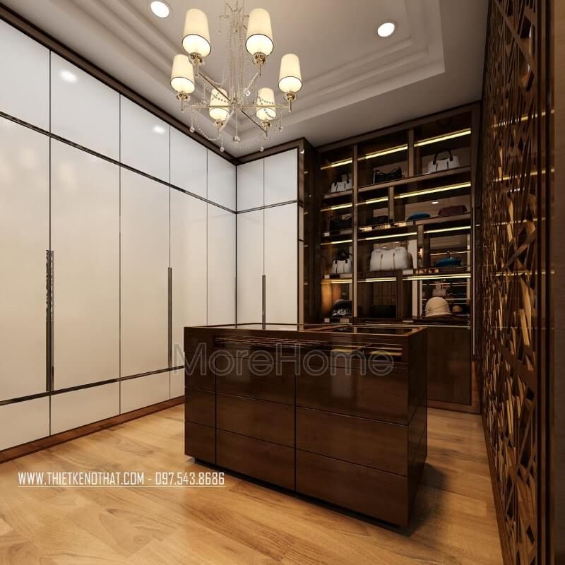 Tủ quần áo được thiết kế âm tường gỗ công nghiệp và viền gỗ tự nhiên đẹp, độc đáo