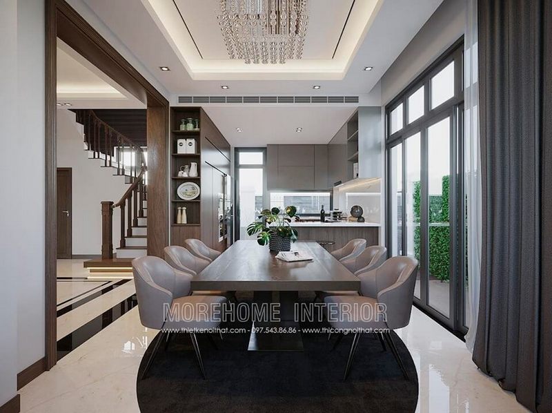 Bàn ăn gỗ tự nhiên và ghế ăn hiện đại bọc da cao cấp.