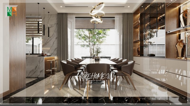 Bộ bàn ăn đẹp được đặt ở vị trí trung tâm của căn phòng góp phần thôi thúc các bước chân trở về nhà sau 1 ngày làm việc.