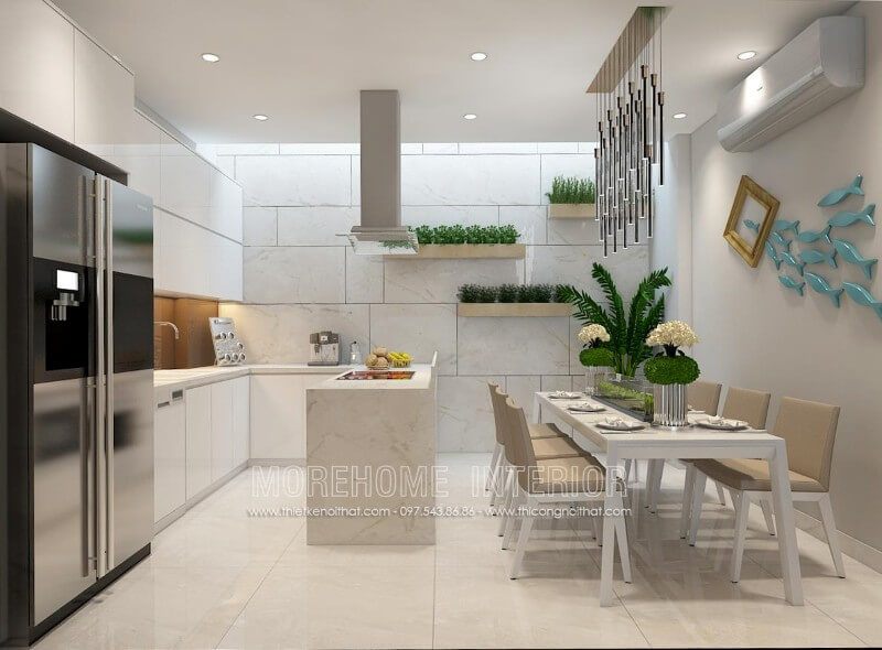 Tủ bếp gỗ công nghiệp nhẹ nhàng với màu trắng làm chủ đạo sẽ tạo nên không gian bếp hiện đại và rộng rãi hơn.